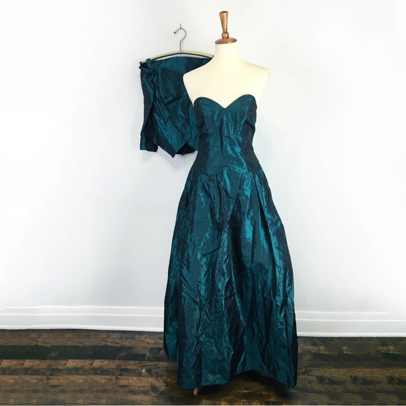 Vintage 70s 80s Peacock Green Teal Strapless Ball Gown with Jacket Size XXS/XS - Picture 3 of 14